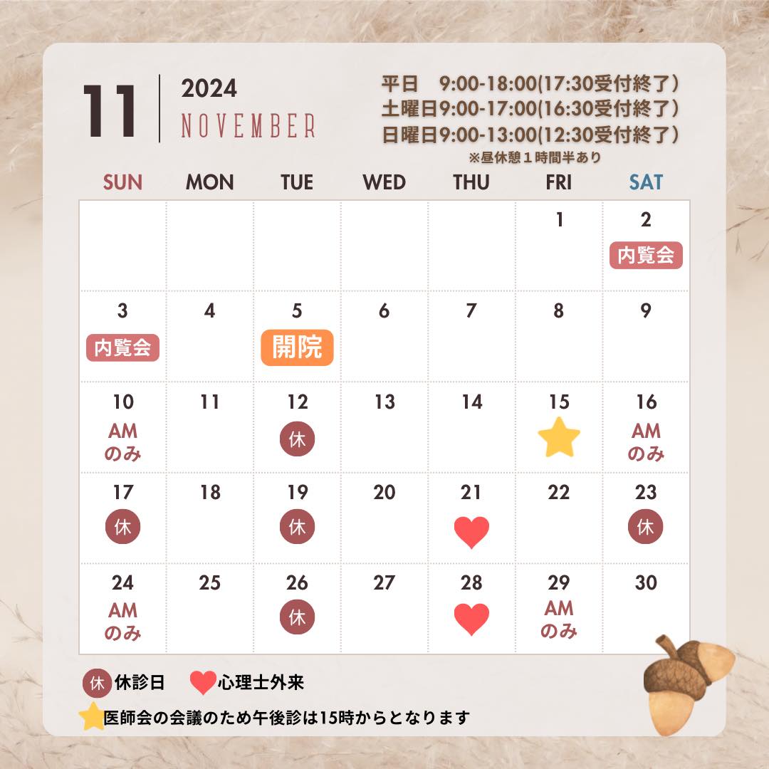 11月の開院日のお知らせ　Dsこどもとみんなのクリニック